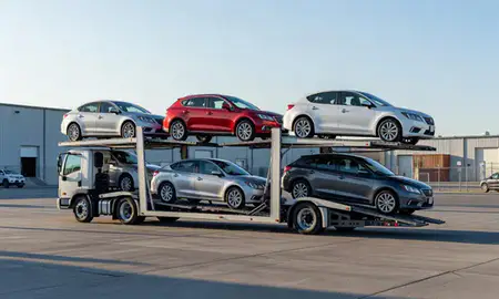 Car transporter loaded with vehicles in Antioch, California, United States