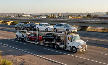 Car transporter with the Antioch, California, United States skyline behind it