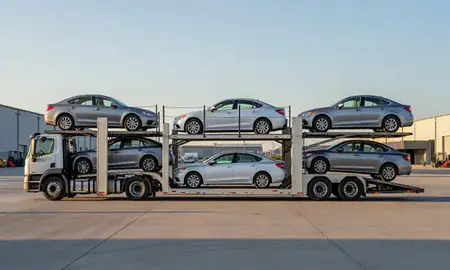 Car transporter parked in an industrial area of Bakersfield, California, United States