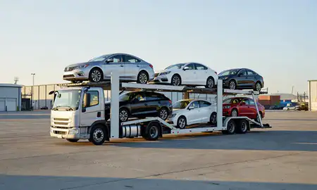 Car transporter loaded with vehicles in Bakersfield, California, United States