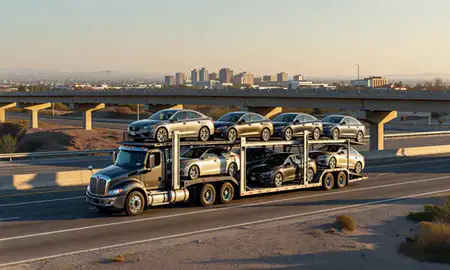Car transporter with the Bakersfield, California, United States skyline behind it