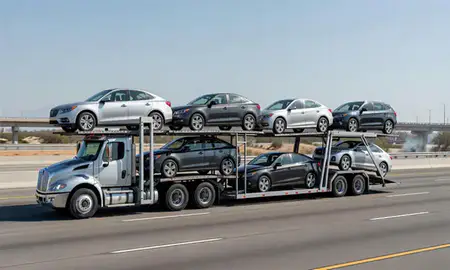 Multi-level car carrier on the highway to Chula Vista, California, United States