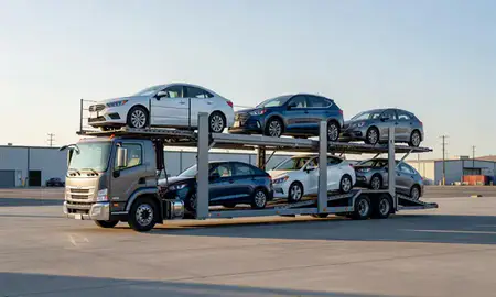 Car transporter loaded with vehicles in Chula Vista, California, United States