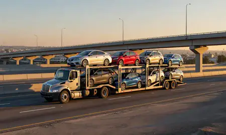 Car transporter with the Chula Vista, California, United States skyline behind it