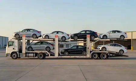 Car transporter parked in an industrial area of Concord, California, United States