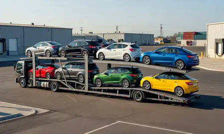 Car transporter loaded with vehicles in Concord, California, United States
