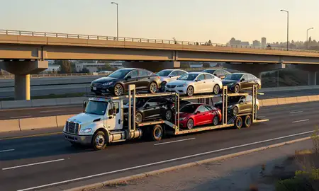 Car transporter with the Concord, California, United States skyline behind it