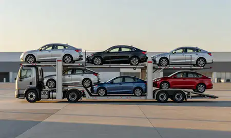Car transporter parked in an industrial area of Fontana, California, United States