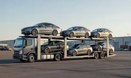 Car transporter loaded with vehicles in Fontana, California, United States