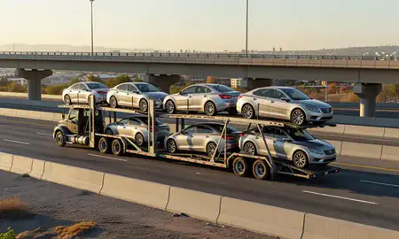 Car transporter with the Fontana, California, United States skyline behind it