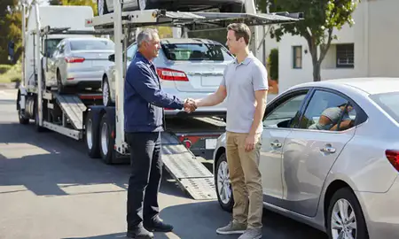 Vehicle owner beside their delivered car in Fremont, California, United States