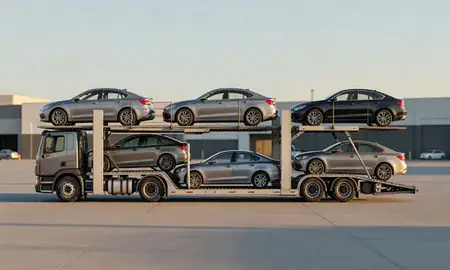 Car transporter parked in an industrial area of Fremont, California, United States