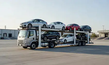 Car transporter loaded with vehicles in Fremont, California, United States