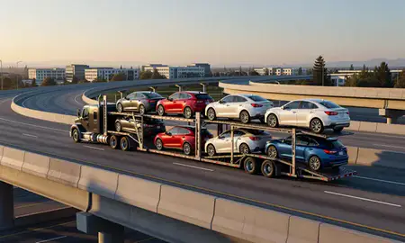 Car transporter with the Fremont, California, United States skyline behind it