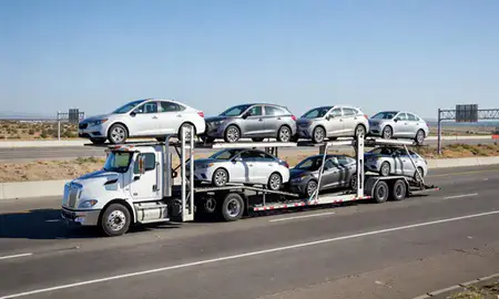 Multi-level car carrier on the highway to Fresno, California, United States
