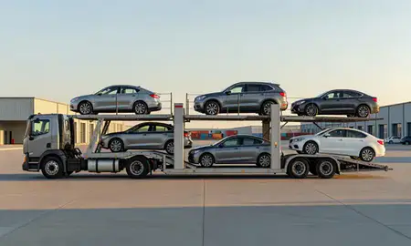 Car transporter parked in an industrial area of Fresno, California, United States