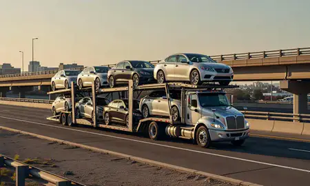 Car transporter with the Fresno, California, United States skyline behind it