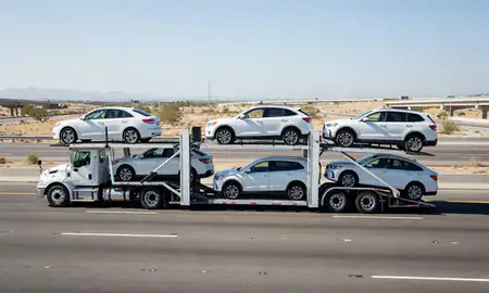 Multi-level car carrier on the highway to Indio, California, United States