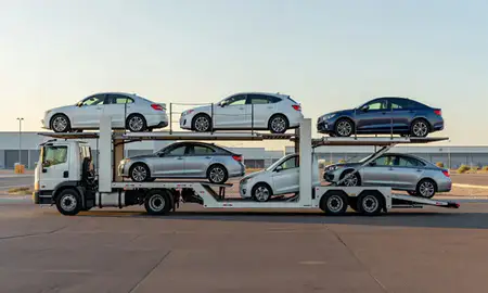 Car transporter parked in an industrial area of Indio, California, United States