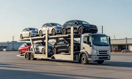Car transporter loaded with vehicles in Indio, California, United States