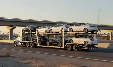 Car transporter with the Indio, California, United States skyline behind it