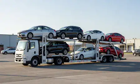 Car transporter loaded with vehicles in Irvine, California, United States