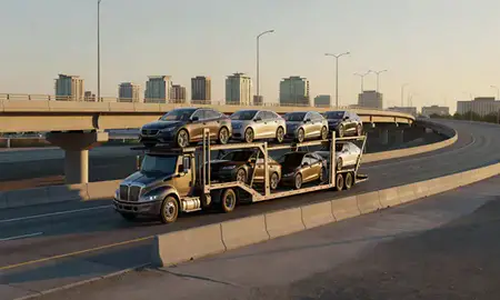 Car transporter with the Irvine, California, United States skyline behind it