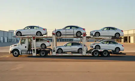 Car transporter parked in an industrial area of Long Beach, California, United States