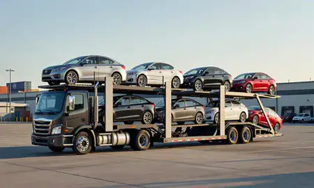 Car transporter loaded with vehicles in Long Beach, California, United States