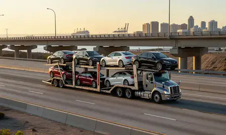 Car transporter with the Long Beach, California, United States skyline behind it