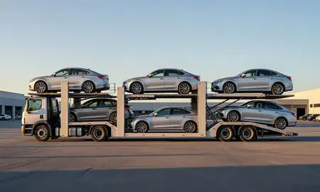 Car transporter parked in an industrial area of Los Angeles, California, United States