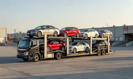 Car transporter loaded with vehicles in Los Angeles, California, United States