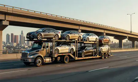 Car transporter with the Los Angeles, California, United States skyline behind it