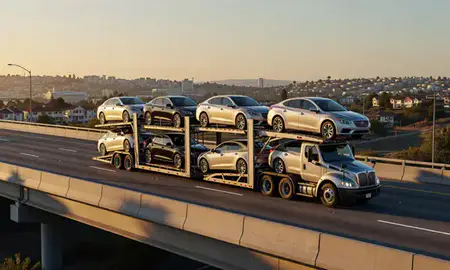 Car transporter with the Mission Viejo, California, United States skyline behind it