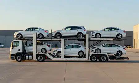 Car transporter parked in an industrial area of Modesto, California, United States