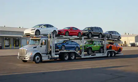 Car transporter loaded with vehicles in Modesto, California, United States