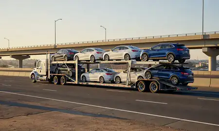 Car transporter with the Modesto, California, United States skyline behind it