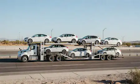 Multi-level car carrier on the highway to Moreno Valley, California, United States