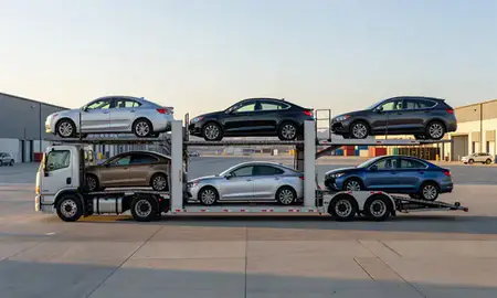 Car transporter parked in an industrial area of Moreno Valley, California, United States
