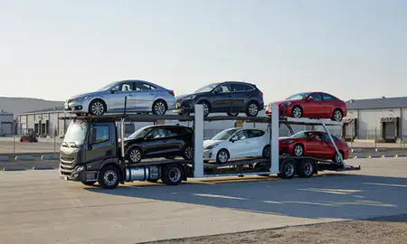 Car transporter loaded with vehicles in Moreno Valley, California, United States