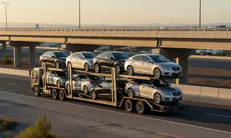 Car transporter with the Moreno Valley, California, United States skyline behind it