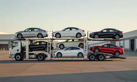 Car transporter parked in an industrial area of Oakland, California, United States
