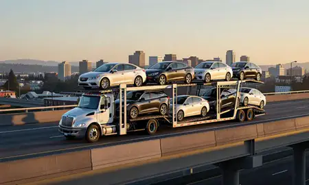 Car transporter with the Oakland, California, United States skyline behind it