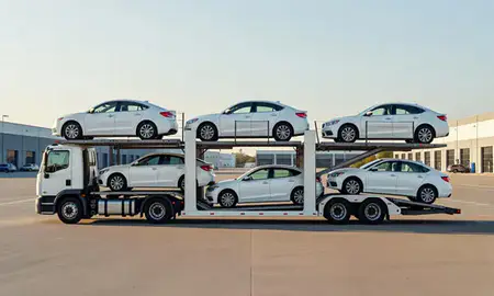 Car transporter parked in an industrial area of Oxnard, California, United States