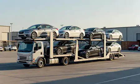 Car transporter loaded with vehicles in Oxnard, California, United States