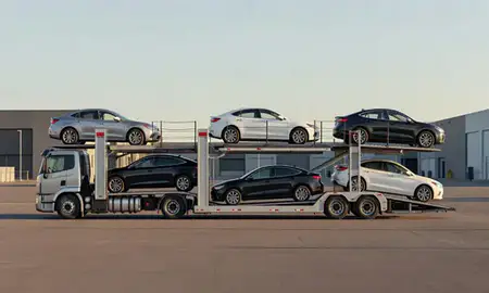 Car transporter parked in an industrial area of Riverside, California, United States