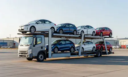 Car transporter loaded with vehicles in Riverside, California, United States