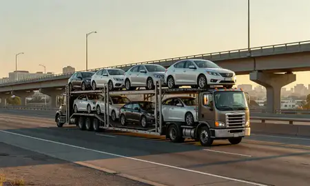 Car transporter with the Riverside, California, United States skyline behind it