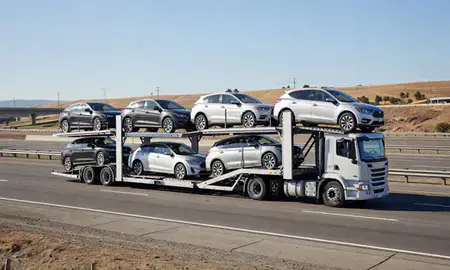 Multi-level car carrier on the highway to Sacramento, California, United States