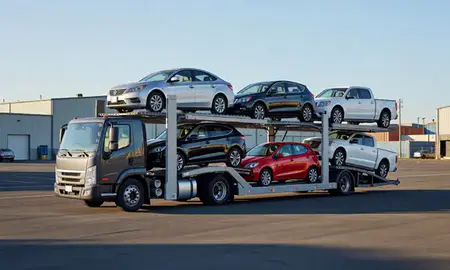 Car transporter loaded with vehicles in Sacramento, California, United States